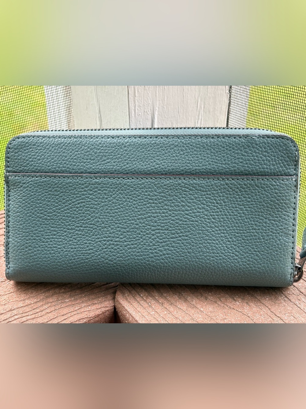 Coach Pebbled Zip Around Wallet - Dusty Teal Blue w/ Gun Metal Hardware - Picture 2 of 7